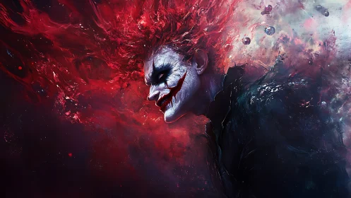 Chaotic crimson portrait renders a sinister grinning figure