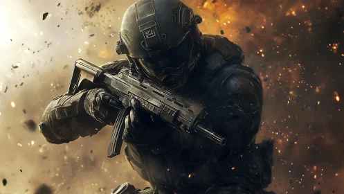 Elite futuristic soldier charges forward through blazing chaos