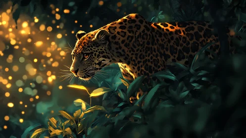 Golden Leopard Prowling Through Magical Forest Light