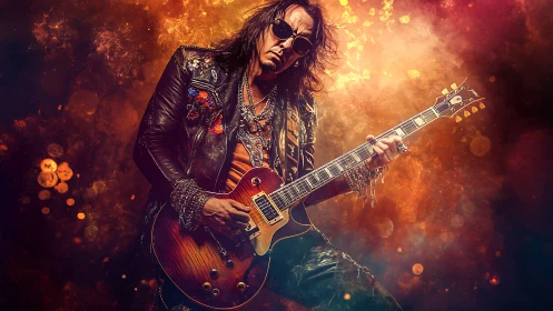 Photorealistic rock guitarist in dramatic bokeh flame haze.