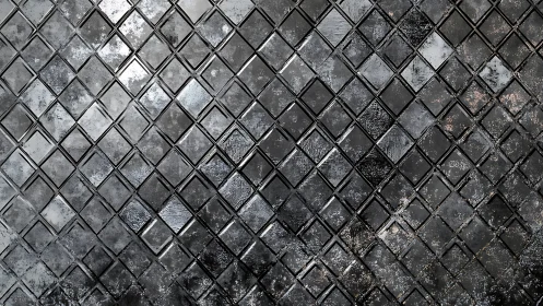 Industrial metallic diamond tile grid with weathered patina.