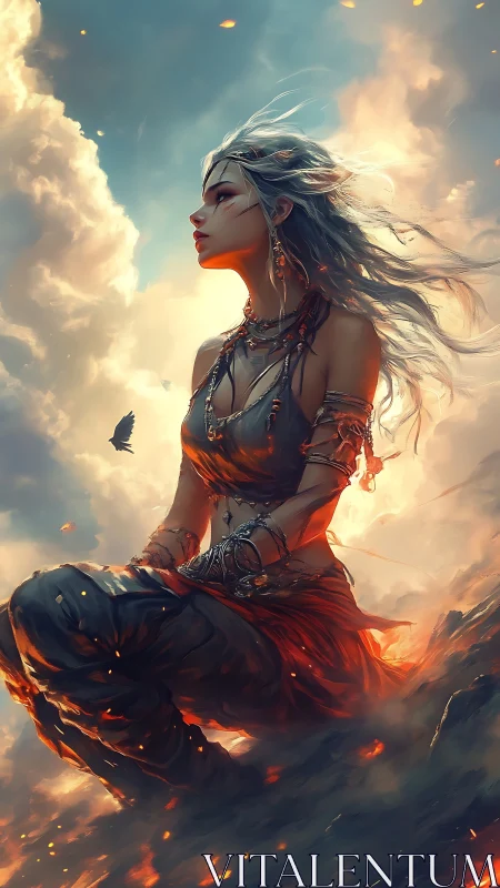 Female figure sits amid clouds and embers in side profile
