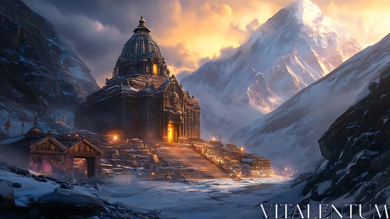 Mountain temple glows against snow peaks at sunset