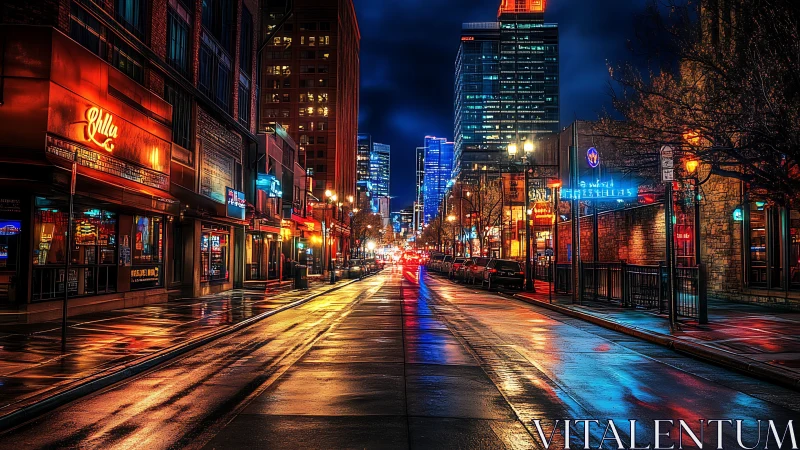 Neon-soaked night avenue in hyperreal urban perspective study.