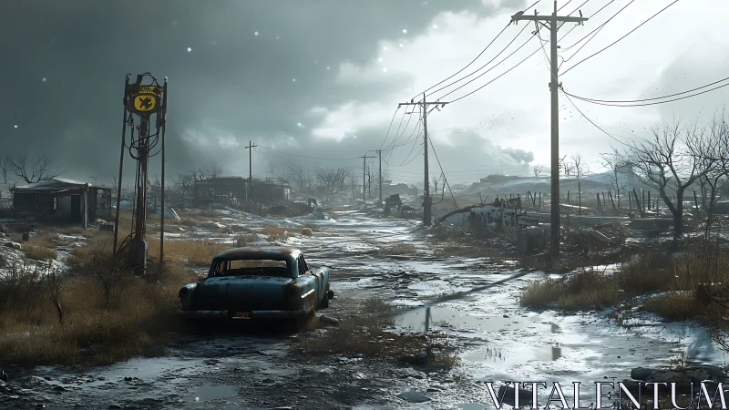 Post apocalyptic rural roadway with derelict car and powerlines