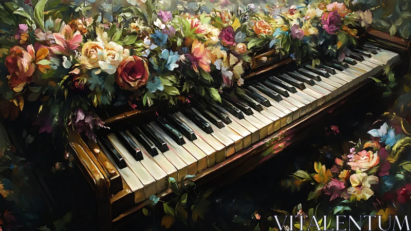 Floral piano keys glow under dense impressionist bouquet