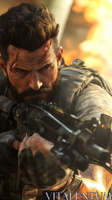 Battle-hardened soldier aiming rifle amid blazing chaos.
