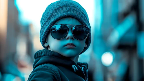 Urban youth in teal—cool filtered portrait.