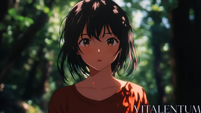 Anime girl stands in dappled forest light, calm gaze.