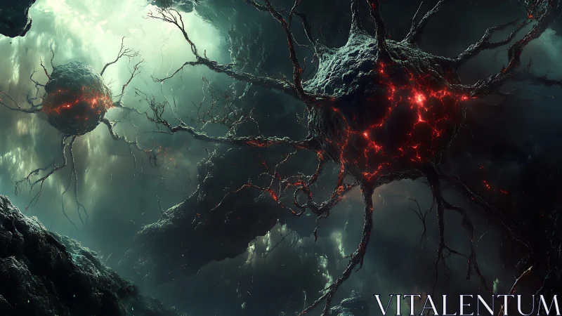 Bioluminescent cosmic node clusters with molten neural roots.