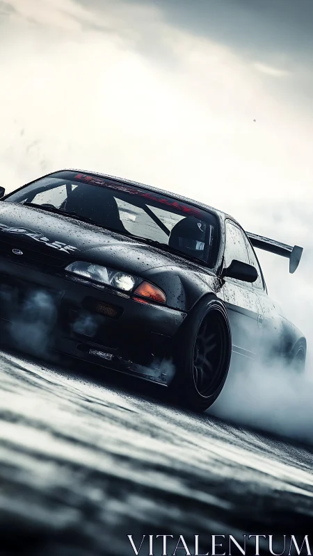 Black sports coupe drifting on wet asphalt surface in smoke.