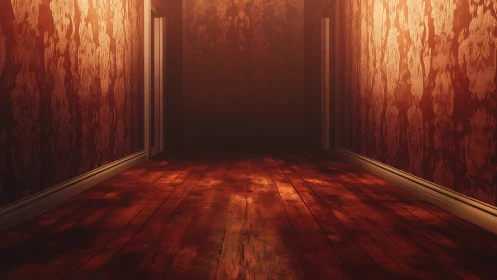 Dim corridor shows patterned walls and wooden floor