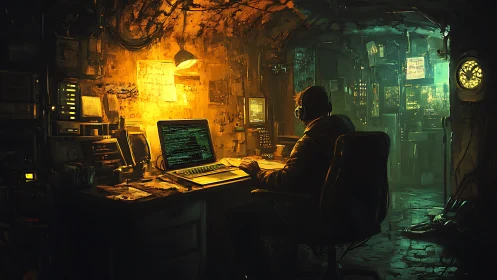 Midnight code alchemist in a neon-soaked hacker bunker.