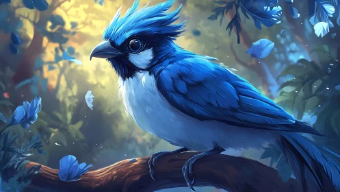 Vibrant blue jay perched in a dreamy, painterly forest scene.