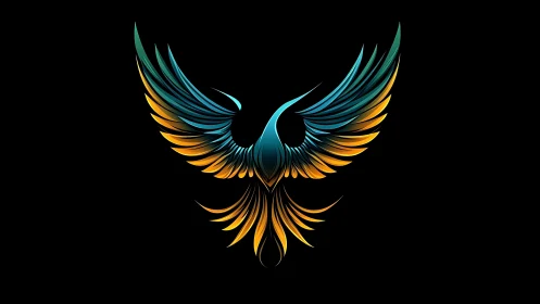 Vibrant Abstract Phoenix with Blue and Gold Feathers on Black Background.