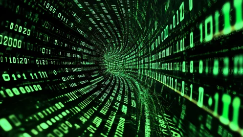 Binary digits form a three dimensional green data tunnel