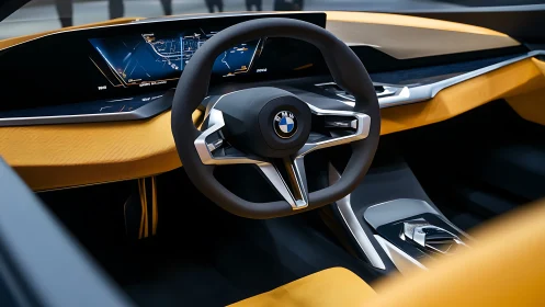 BMW cockpit interior shows digital display and steering wheel