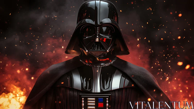 Armored dark figure stands before blazing ember storm