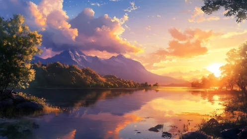 Mountain lake landscape under warm sunset sky reflection.