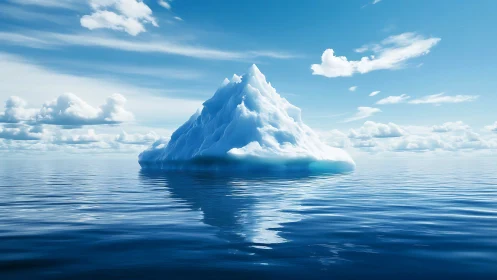 Solitary iceberg on calm reflective ocean under blue sky.