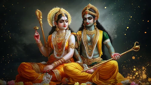 Divine royal couple in ornate golden attire share serene grace.