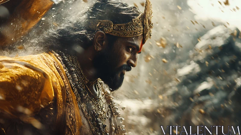 Warrior in ornate golden armor amid airborne particles.