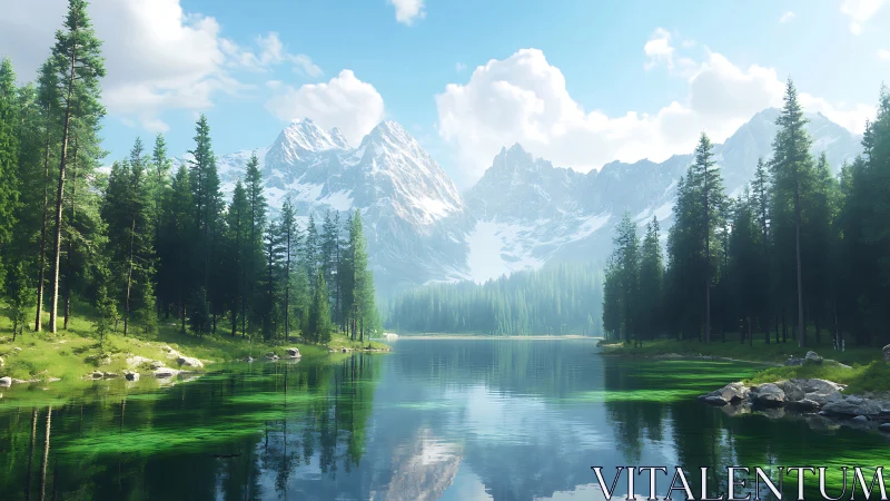 Snowcapped peaks over pine forest lake reflection.