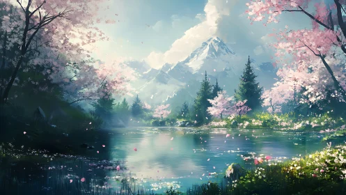 Serene mountain lake wrapped in soft cherry blossom light.