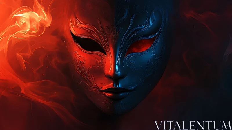 Dual colored ornamental mask divides red and blue smoke