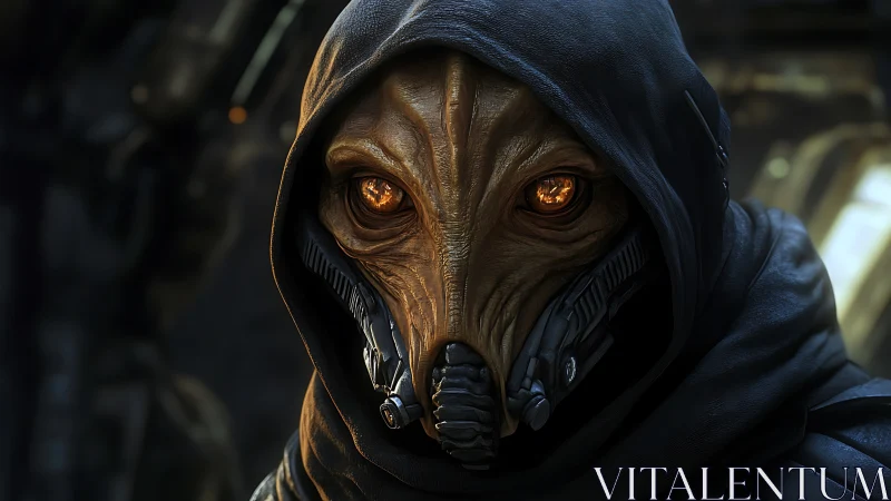 Hooded alien figure with mechanical respirator in dark setting.