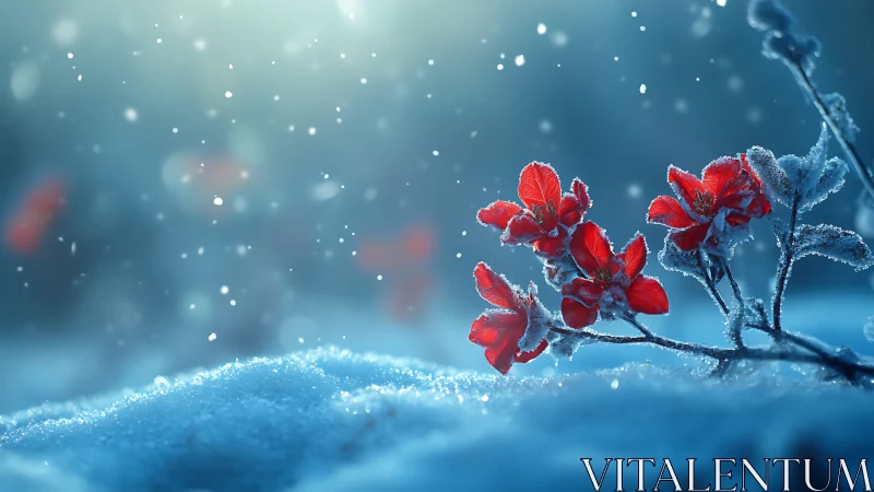Red Flowers Frosted in Winter Snow and Ice Crystals