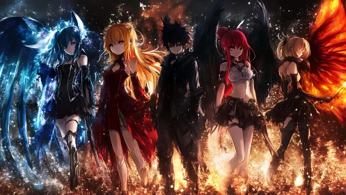 Elemental winged squad in high-contrast anime composition.