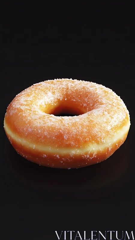 Glazed sugar donut rests against deep black background.