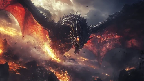 Digital painting of infernal dragon over volcanic wasteland.