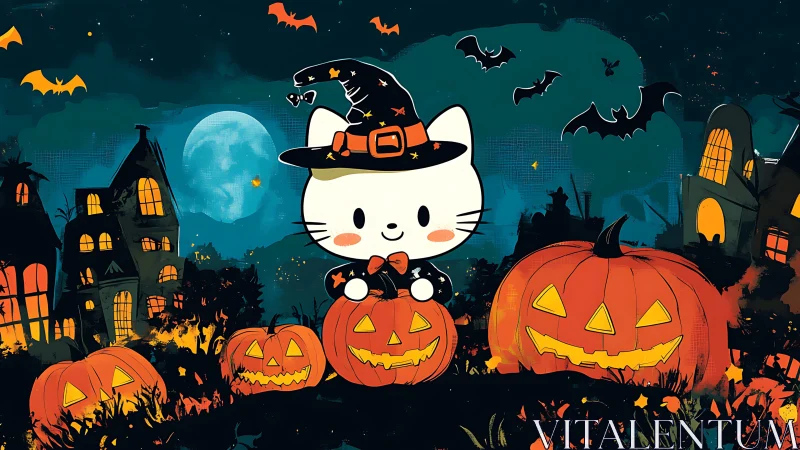 Cat Character in Witch Hat Among Jack-O'-Lanterns Against Night Sky