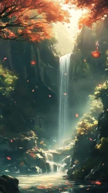 Sunlit forest waterfall with lanterns and falling petals.