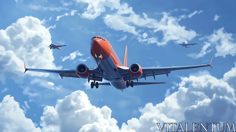 Jetliner ascends through bright cumulus clouds in formation.