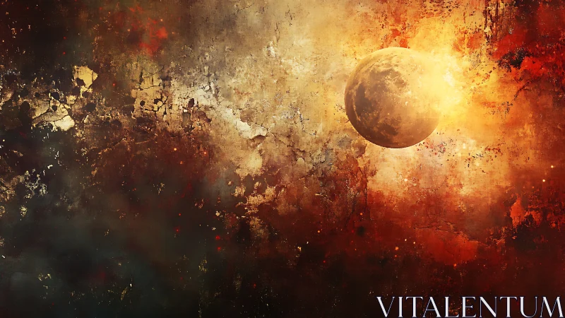 Burnished planet drifts through molten, cracking cosmoscape.