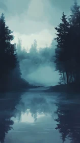 Misty forest lake reflected in still blue twilight water.
