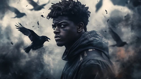 Moody portrait of hooded man amid dynamically blurred ravens