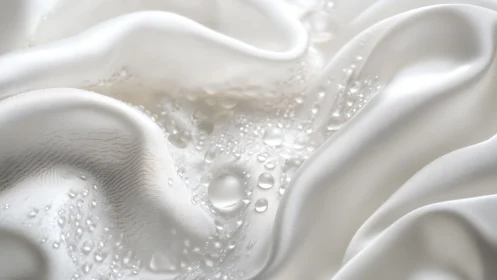 Water droplets glisten on pristine white fabric with elegant ripples