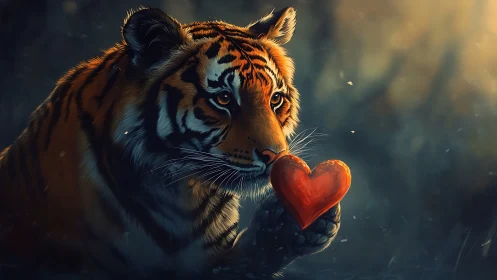 Tiger holding red heart in dim atmospheric setting.