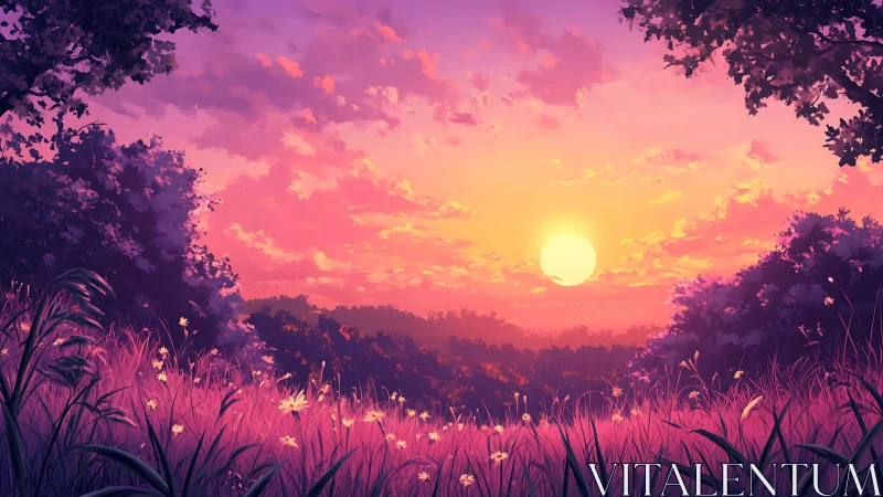 Sunset over flowered meadow with distant forest hills.