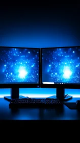 Dual monitors glow above minimalist desk in neon blue.