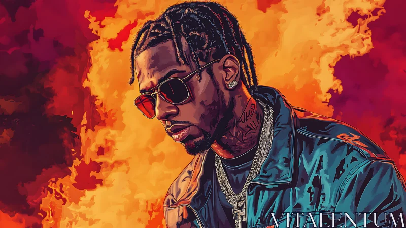 Portrait of a man in sunglasses before stylized flame backdrop