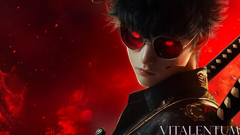 Red-lit katana wielder with reflective visor glasses in profile