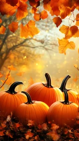 Autumn pumpkins rest under glowing golden foliage in forest