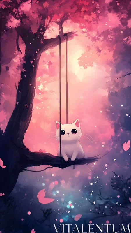 White cat on tree swing in pink and purple forest scene.
