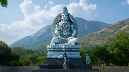 Majestic Shiva statue sits in serene mountain landscape