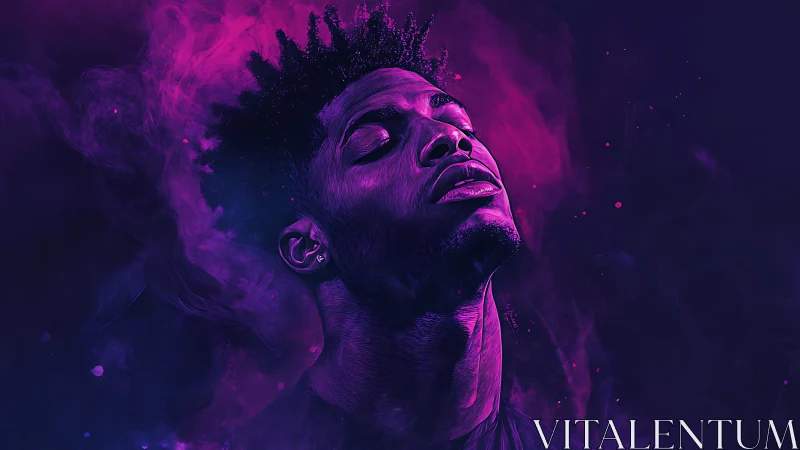 Neon-lit portrait in violet haze of contemplative serenity.